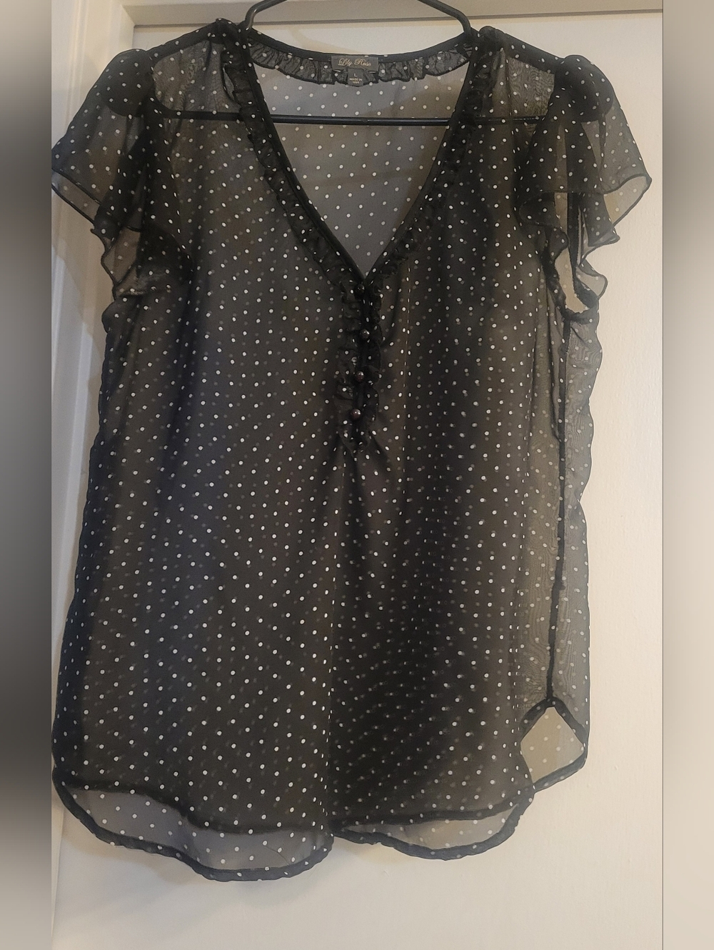 Lily Rose Black Sheer Polka Dot Blouse Ruffle Sleeve V Neck Size Large